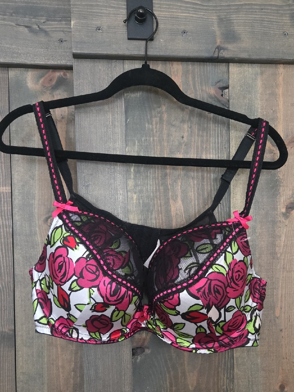 Cacique Pink Rose Print Underwire Bra with Black Lace 44c